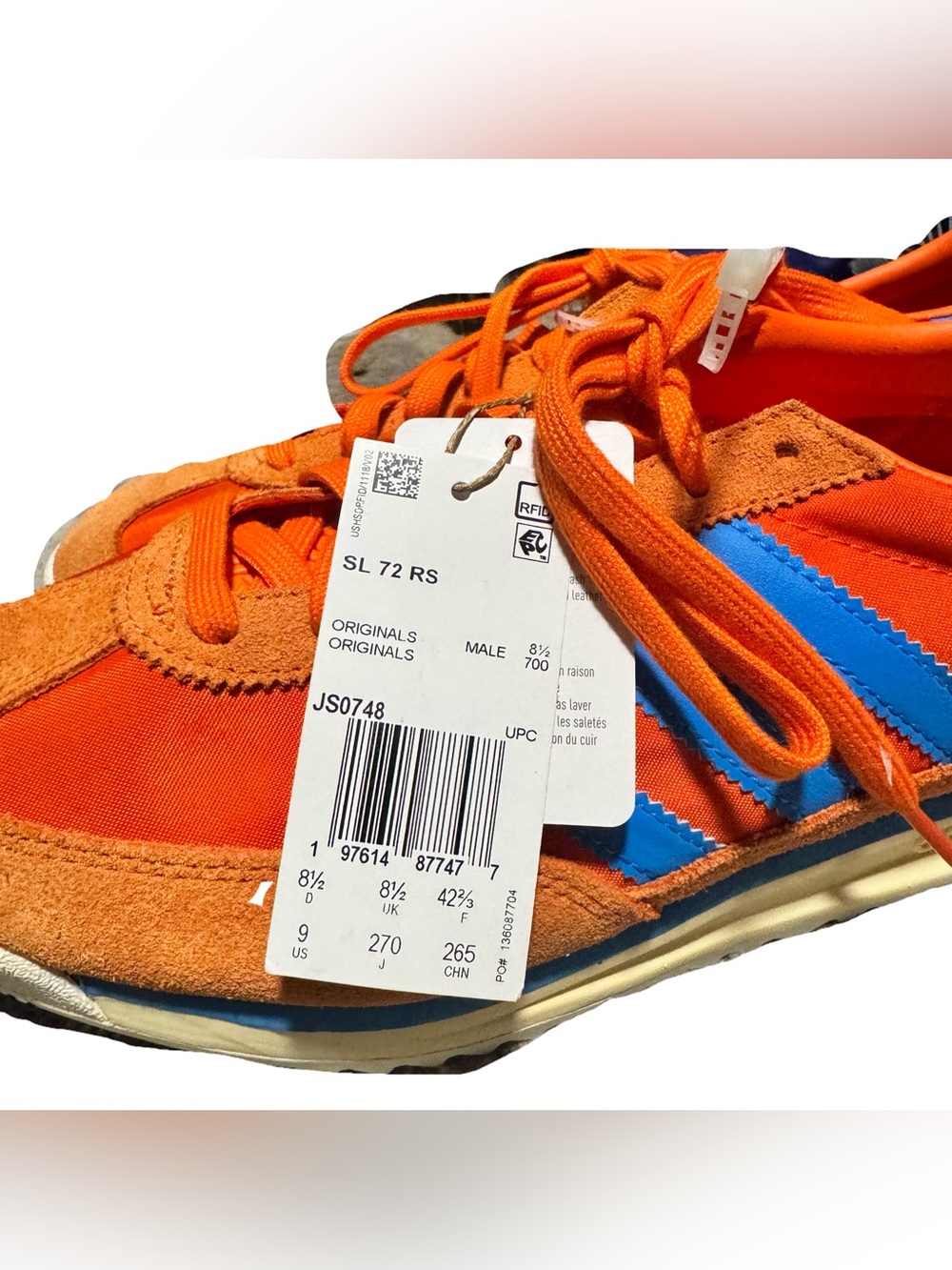 adidas Sl 72 Rs Lace Up Men 9 Collegiate Orange Sneakers Casual Shoe JS0748 NWT - Picture 5 of 6